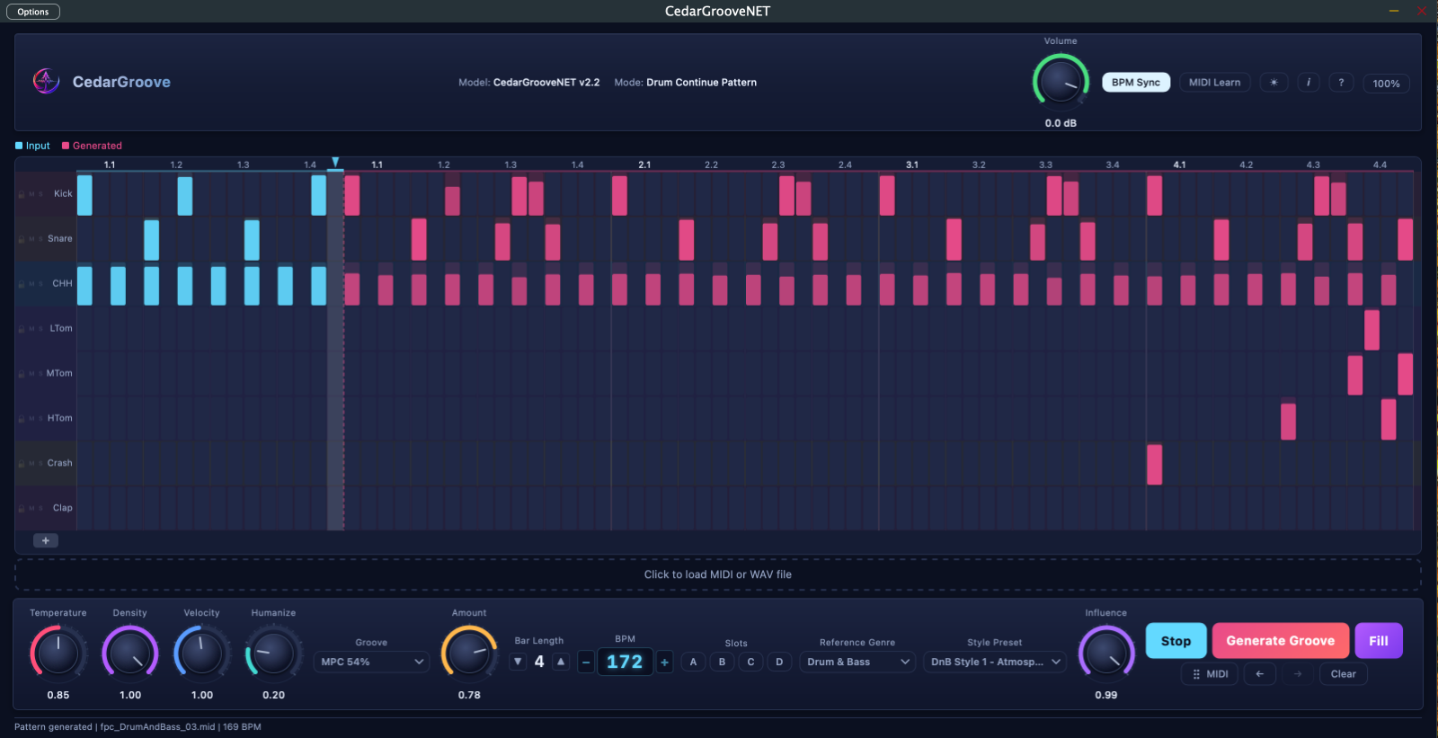 CedarGrooveNET for macOS: a one-bar Drum & Bass loop in blue on the step grid, four bars of the model's continuation in pink with toms and a crash, the knobs and the transport below