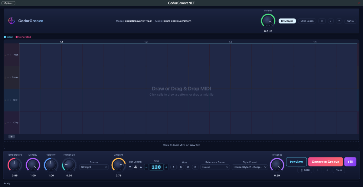 The app just opened: an empty four-row grid that says Draw or Drag and Drop MIDI, House selected as the reference genre
