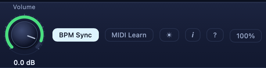 The header tools: the volume knob, BPM Sync, MIDI Learn, theme, info, help and a 100% zoom control