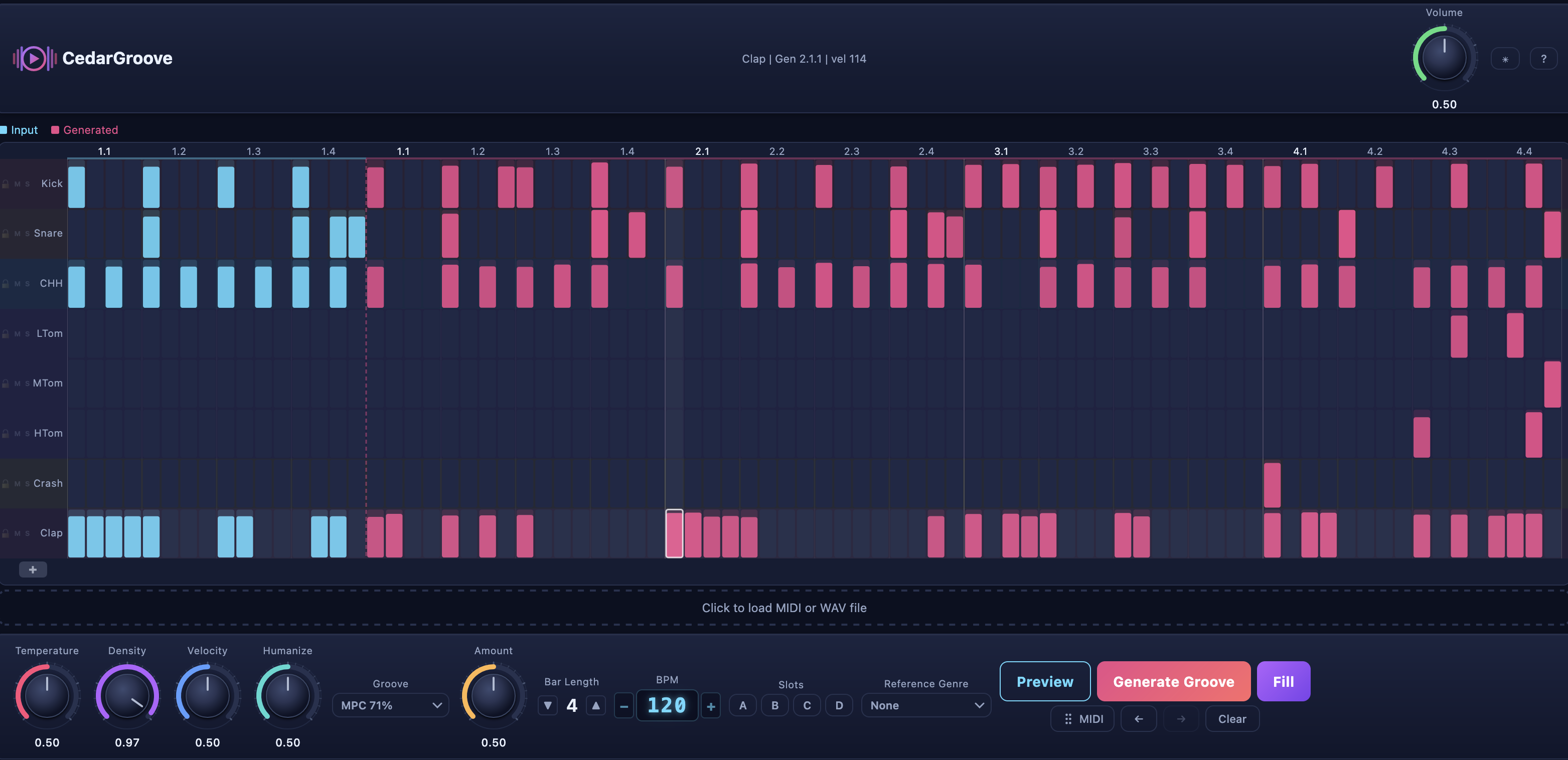 CedarGrooveNET drum-grid screenshot showing transcribed kick, snare, and hi-hat events